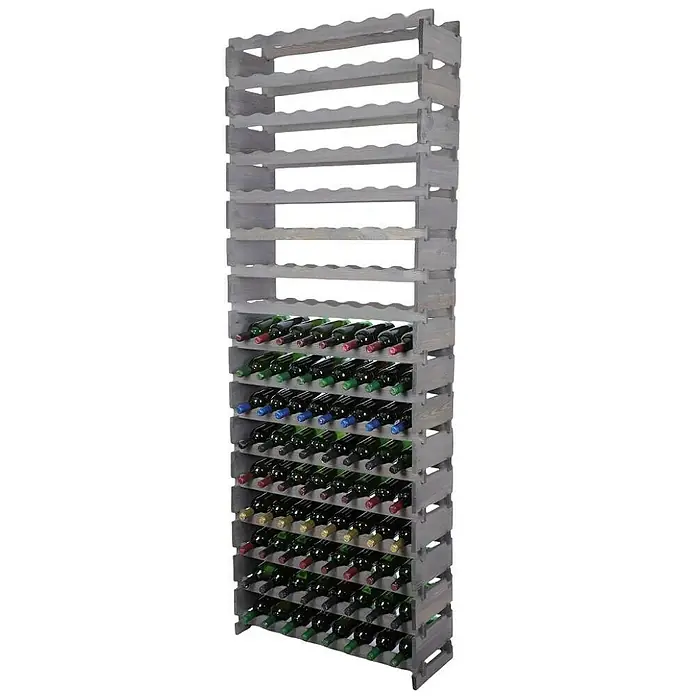 Proregal Flaschenregal Weinregal VINOTECA FLEX PRO für 136 Flaschen - L x B x H: 28 x 84 x 233 cm, Holz, Anzahl Böden: 17 Stk. - Graues, hohes Weinregal aus Holz, teilweise mit Weinflaschen gefüllt. Perfekt für die stilvolle Lagerung Ihrer Weinvorräte im Wohnbereich.