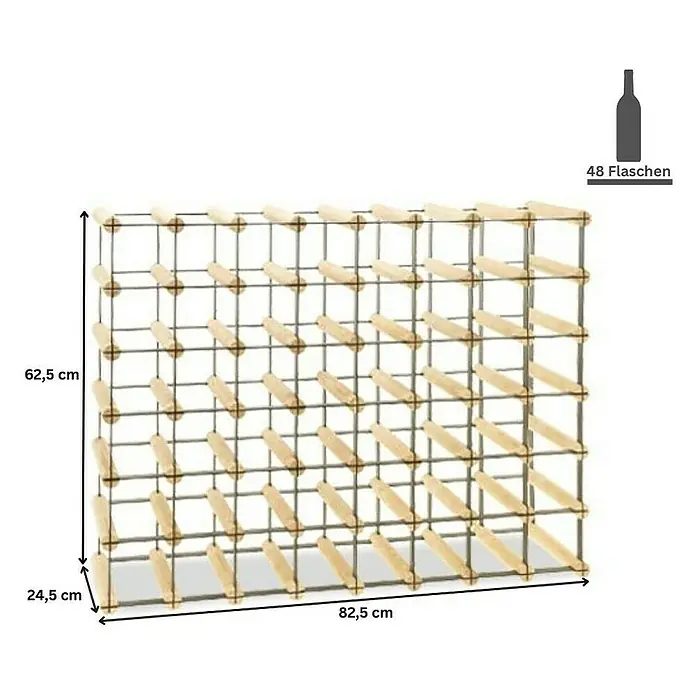 Proregal Flaschenregal Modulares Weinregal VINOTECA MOD METAL für 8x6 Flaschen - L x B x H: 24,5 x 82,5 x 62,5 cm, Holz - Abbildung eines Weinregals aus Metall und Holz für 48 Flaschen, mit den Maßen 62,5 x 82,5 x 24,5 cm.