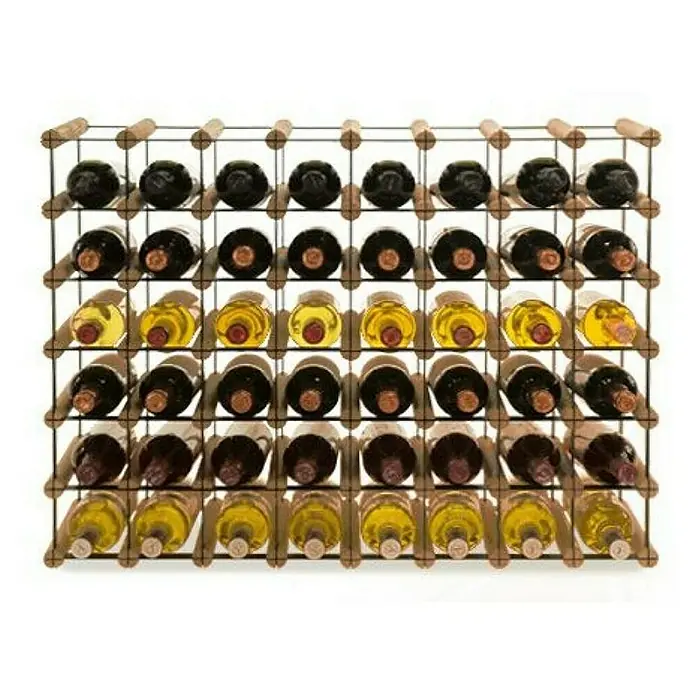 Proregal Flaschenregal Modulares Weinregal VINOTECA MOD METAL für 8x6 Flaschen - L x B x H: 24,5 x 82,5 x 62,5 cm, Holz - Ein Weinflaschenregal aus Holz mit mehreren gefüllten Weinflaschen, die in den Regalen sicher aufbewahrt werden.