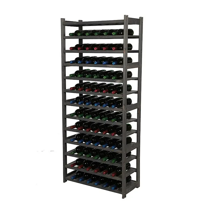 Proregal Flaschenregal Weinregal SPREEWALD für 78 Flaschen - L x B x H: 33 x 70 x 163 cm, Holz, Anzahl Böden: 13 Stk. - Ein hohes, dunkles Holzregal, voll mit Weinflaschen in verschiedenen Farben, ideal zur stilvollen Weinlagerung.