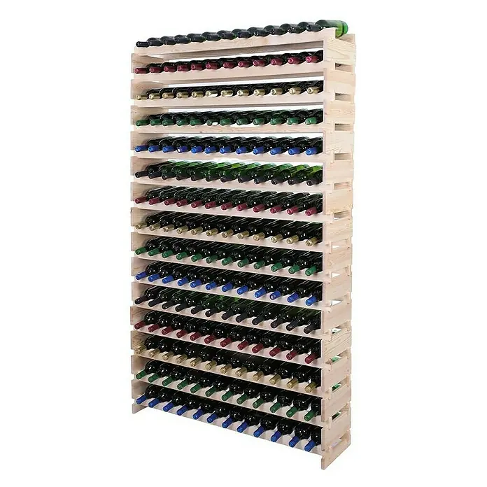 Proregal Flaschenregal Weinregal VINOTECA FLEX PRO für 180 Flaschen - L x B x H: 28 x 123 x 205 cm, Holz, Anzahl Böden: 15 Stk. - Ein hölzernes Weinregal mit gefüllten Weinflaschen, die sich auf 15 Regale verteilen und verschiedene Etiketten und Korken zeigen.