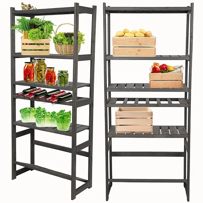 Proregal Flaschenregal & Weinregal SPREEWALD für 6 Flaschen - L x B x H: 33 x 70 x 163 cm, Holz - Bild von zwei dunklen Holzregalen. Eines ist mit Gemüse und Weinflaschen und das andere mit Kartoffeln und Paprika gefüllt.