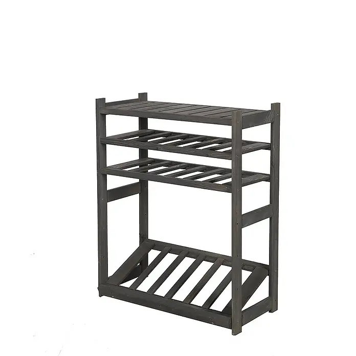 Proregal Flaschenregal & Weinregal SPREEWALD für 12 Flaschen - L x B x H: 33 x 70 x 86 cm, Holz - Ein graues Holzregal mit drei Regalböden und Lattenrost, ideal für Garten oder Keller zur Aufbewahrung von Gegenständen.