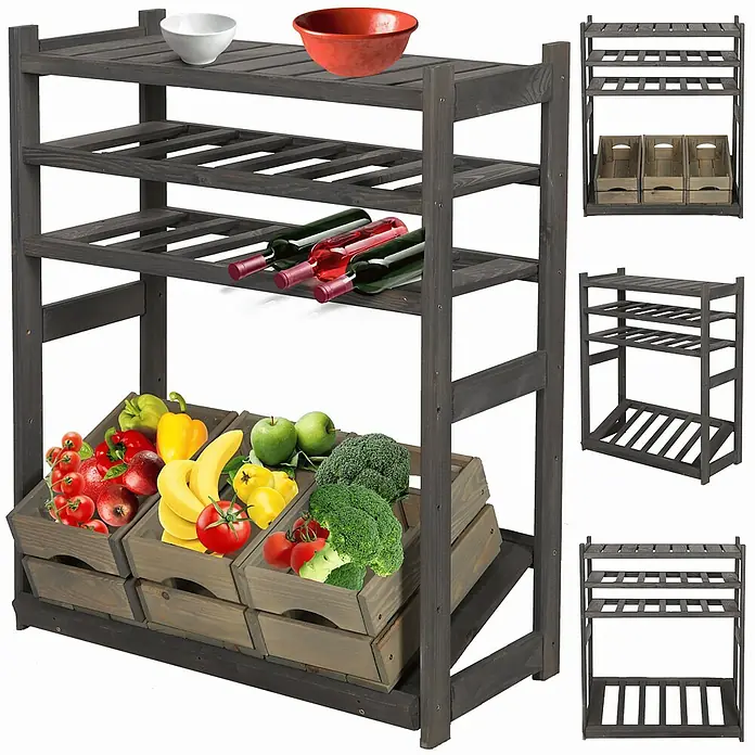 Proregal Flaschenregal & Weinregal SPREEWALD für 12 Flaschen - L x B x H: 33 x 70 x 86 cm, Holz - Regal aus Holz mit drei Ebenen zur Aufbewahrung von Obst, Gemüse, Weinflaschen und anderen Gegenständen.