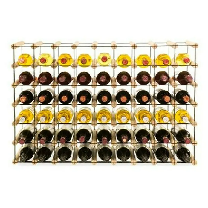 Proregal Flaschenregal Modulares Weinregal VINOTECA MOD METAL für 9x6 Flaschen - L x B x H: 24,5 x 92,5 x 62,5 cm, Holz - Weinflaschenregal aus Holz mit mehreren Flaschen Wein in verschiedenen Farben, die in den Regalen liegen.