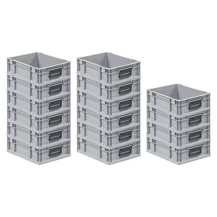 Proregal Euroboxen-Set 16x Eurobox NextGen Portable Duo - L x B x H: 40 x 30 x 12 cm, Kunststoff, Grau, 16 Stk. - Drei Stapel grauer Kunststoffboxen mit Griffen für die Lagerung und Organisation.
