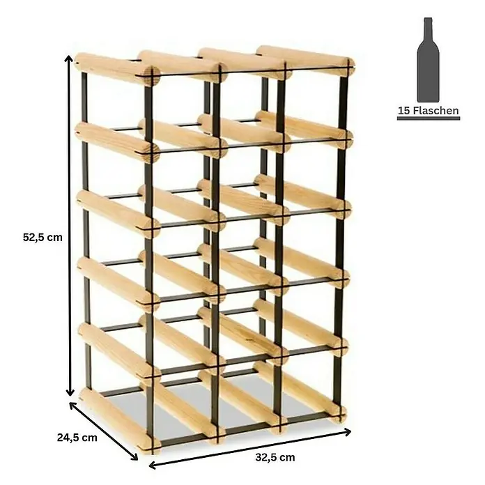 Proregal Flaschenregal Modulares Weinregal VINOTECA MOD METAL für 3x5 Flaschen - L x B x H: 24,5 x 32,5 x 52,5 cm, Holz - Weinregal aus Holz und Metall mit den Maßen 52,5 cm Höhe, 32,5 cm Breite und 24,5 cm Tiefe zur Aufbewahrung von 15 Flaschen.