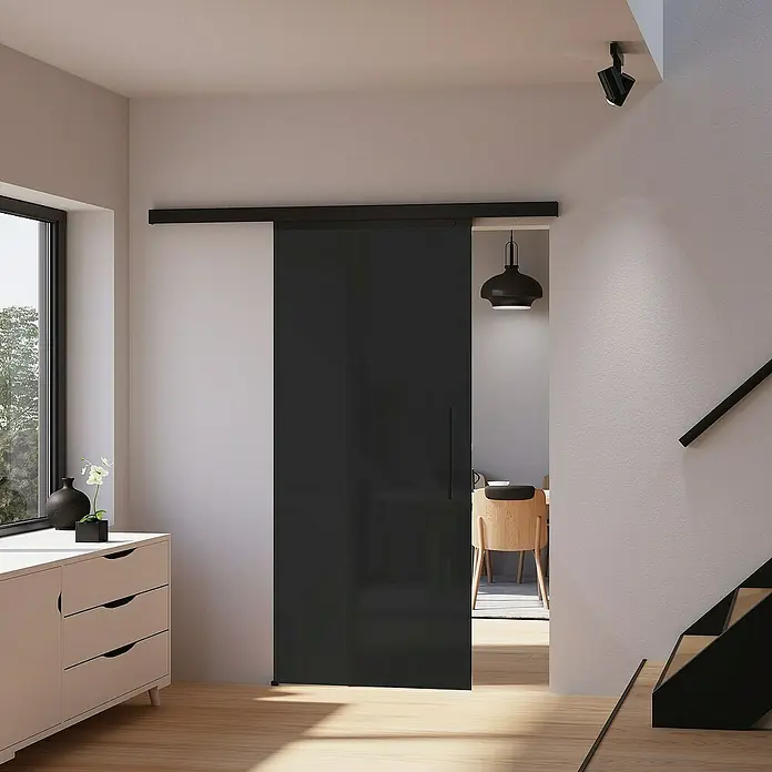 Inova Schiebetür-Komplettset Glas Komplettset vollsatiniert Grauglas schwarz mit Stabgriff - 900 x 2.035 mm - Elegante schwarze Schiebetür mit schlankem Design, die eine moderne Note in den Raum bringt und durch ihre Funktionalität überzeugt.