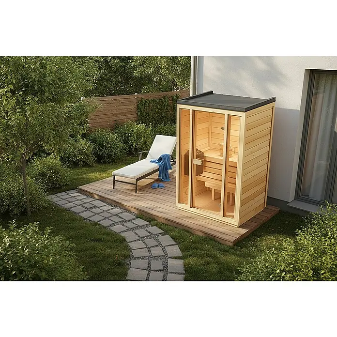 FinnTherm Saunahaus Kuuma S - Elektroofen, L x B x H: 111 x 138 x 213 cm - Entspannungsbereich im Freien mit einer Sauna aus hellem Holz und einer Liege auf einer Terrasse, umgeben von üppigem Grün.