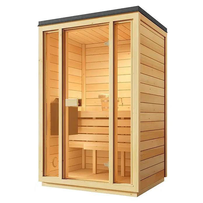 FinnTherm Saunahaus Kuuma S - Elektroofen, L x B x H: 111 x 138 x 213 cm - Diese Abbildung zeigt eine moderne Sauna aus hellem Holz mit Glastüren und Bänken, ideal für Entspannung und Wellness zu Hause.
