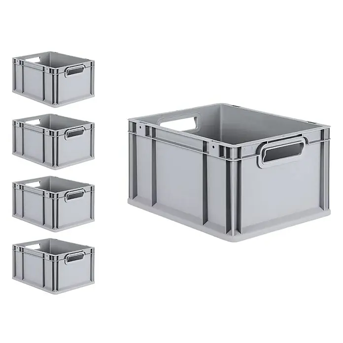 Proregal Euroboxen-Set 5x Eurobox NextGen Grip - Kunststoff, Grau, 5 Stk. - Darstellung von fünf grauen Kunststoffbehältern mit Griffen, ideal für Lagerung und Organisation.