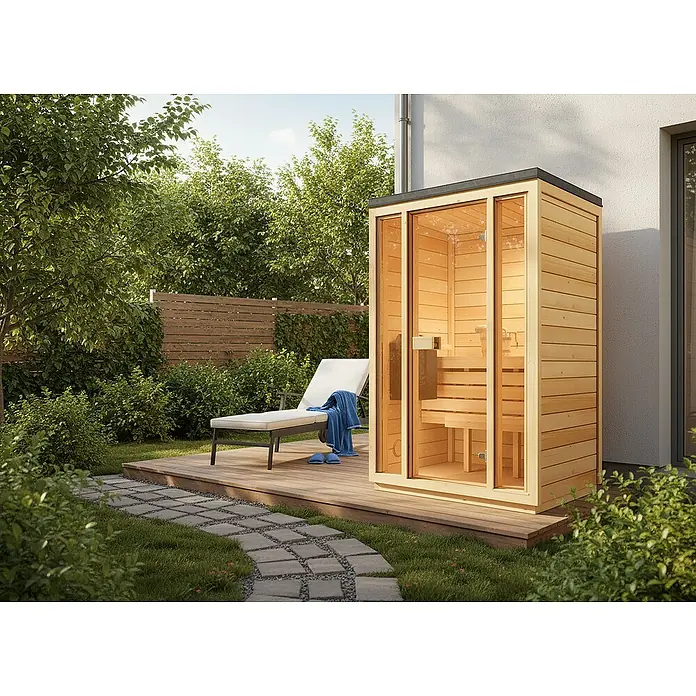 FinnTherm Saunahaus Kuuma S - Elektroofen, L x B x H: 111 x 138 x 213 cm - Moderne Gartensauna aus hellem Holz mit Glasfront auf einer Holzterrasse, umgeben von Grün. Entspannung pur im eigenen Garten.