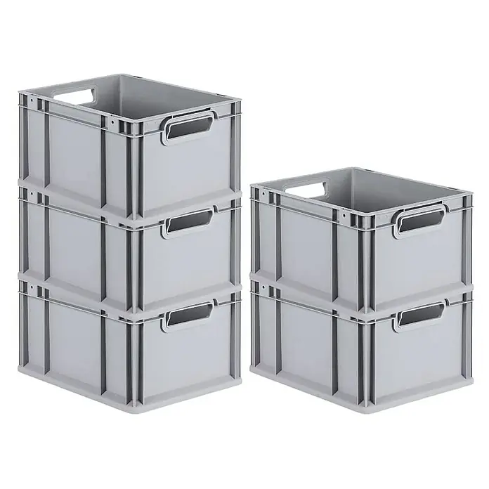 Proregal Euroboxen-Set 5x Eurobox NextGen Grip - Kunststoff, Grau, 5 Stk. - Graue Kunststoffboxen in zwei Stapeln, ideal für Lagerung und Organisation. Vielseitige Aufbewahrungslösung für Zuhause und Büro.