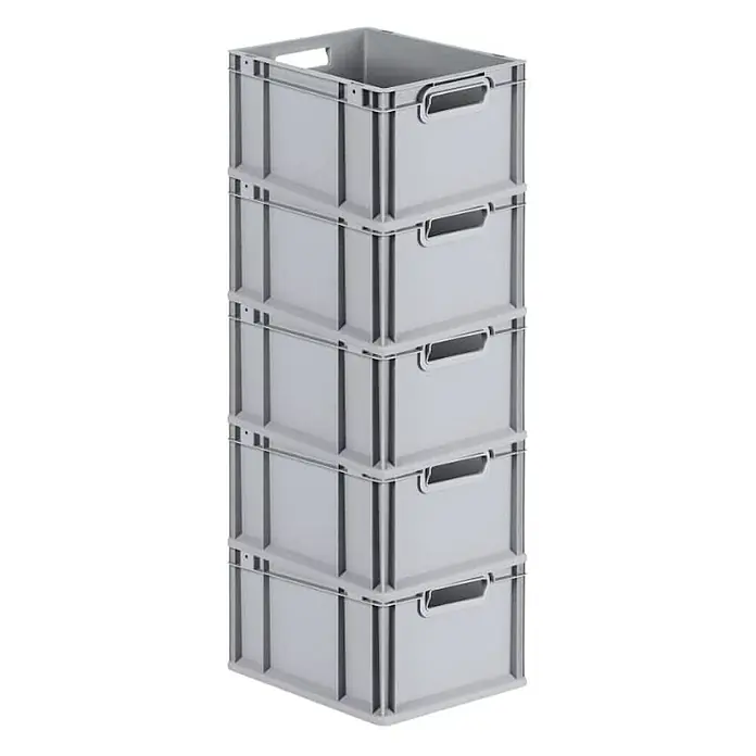 Proregal Euroboxen-Set 5x Eurobox NextGen Grip - Kunststoff, Grau, 5 Stk. - Stapelboxen: Eine Säule aus fünf grauen Kunststoffboxen, die übereinander gestapelt sind und durch ihre modulare Bauweise eine ordentliche Aufbewahrung ermöglichen.