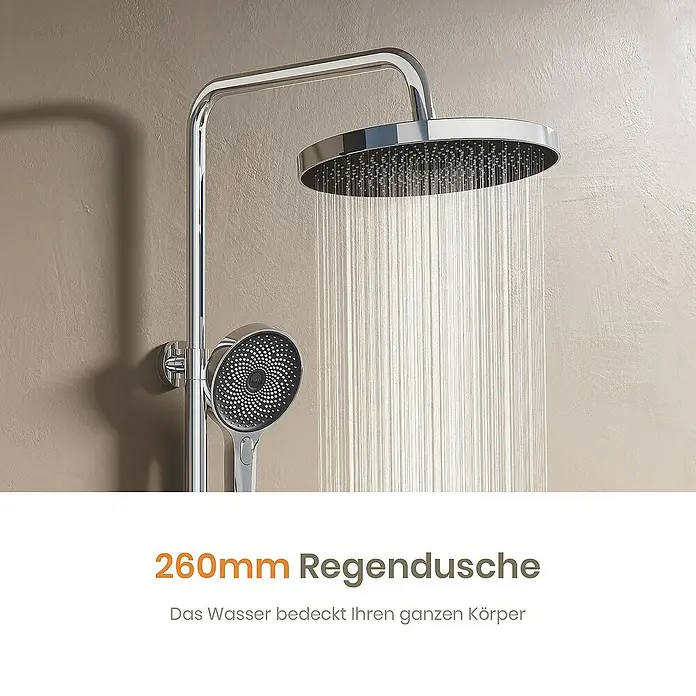 Emke Duschsystem Einstellbare Wassermenge F28 - Mit Thermostatarmatur, Lochabstand: 119 cm, Anzahl Strahlarten: 3 Stk., Chrom - Duschkopf mit 260 mm Regendusche. Das Wasser bedeckt den ganzen Körper.