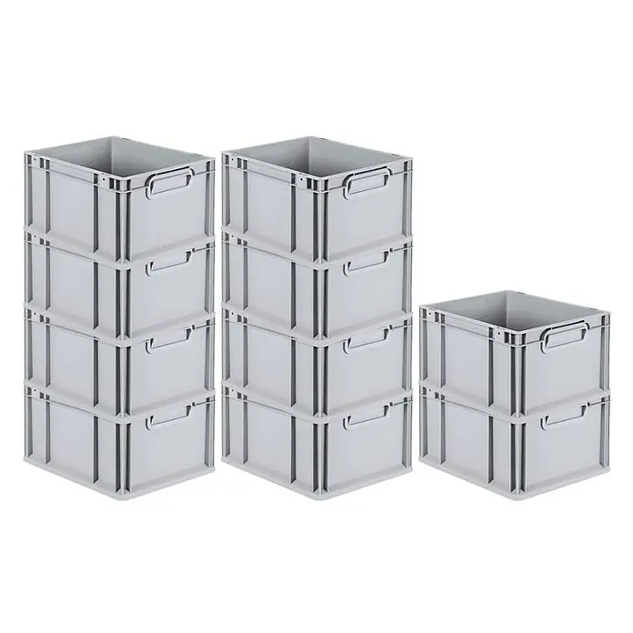 Proregal Euroboxen-Set 10x Eurobox NextGen Economy - L x B x H: 40 x 30 x 22 cm, Kunststoff, Grau, 10 Stk. - Stapel von grauen Lagerbehältern aus Kunststoff in verschiedenen Höhen, ideal für Lagerung und Organisation.