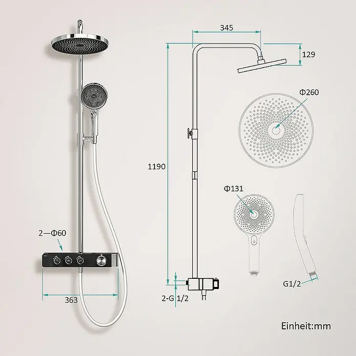 Emke Duschsystem Einstellbare Wassermenge F28 - Mit Thermostatarmatur, Lochabstand: 119 cm, Anzahl Strahlarten: 3 Stk., Chrom - Eine Abbildung des Duschsystems mit Maßen, die die genauen Abmessungen des Produkts zeigen.