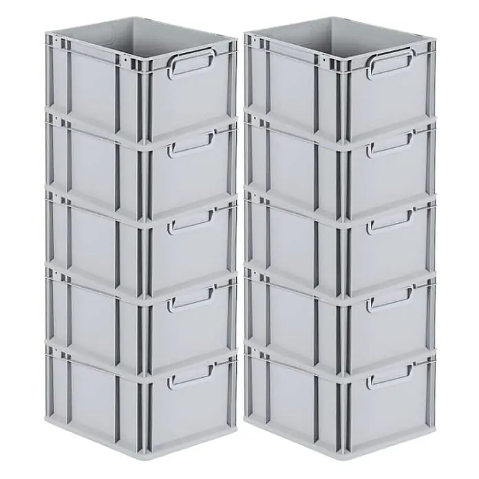 Proregal Euroboxen-Set 10x Eurobox NextGen Economy - L x B x H: 40 x 30 x 22 cm, Kunststoff, Grau, 10 Stk. - Zwei Stapel von fünf grauen Euroboxen, die übereinander gestapelt sind und eine praktische Aufbewahrungslösung bieten.