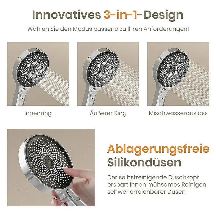 Emke Duschsystem Einstellbare Wassermenge F28 - Mit Thermostatarmatur, Lochabstand: 119 cm, Anzahl Strahlarten: 3 Stk., Chrom - Duschkopf mit 3-in-1-Design. Selbstreinigende Silikondüsen für verschiedene Strahlarten und einfache Reinigung.