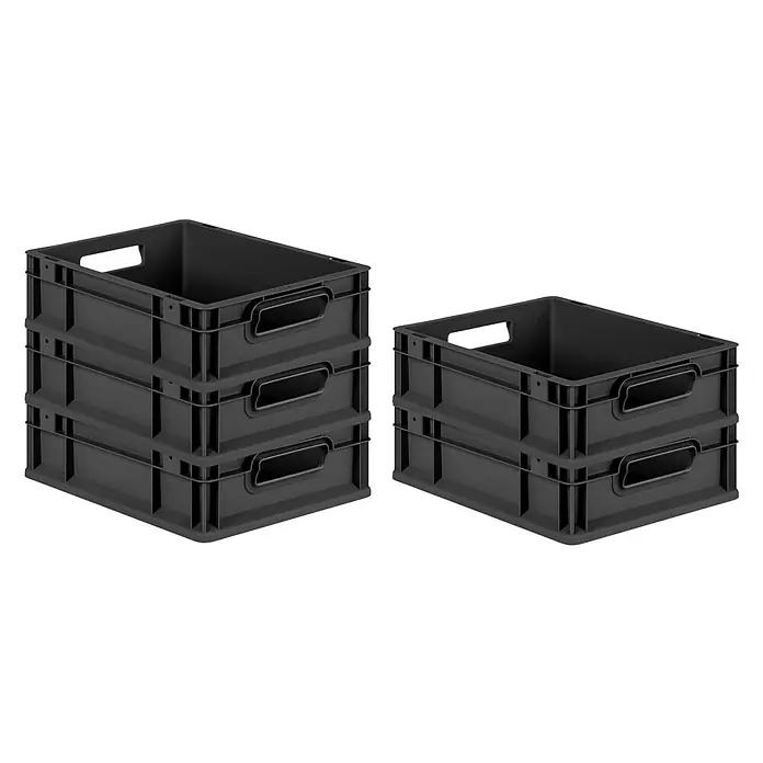 Proregal Eurobox Eurobox NextGen Grip - Kunststoff, Schwarz - Gestapelte schwarze Kunststoffboxen. Die robusten Boxen eignen sich ideal für Lagerung und Transport und sind platzsparend stapelbar.