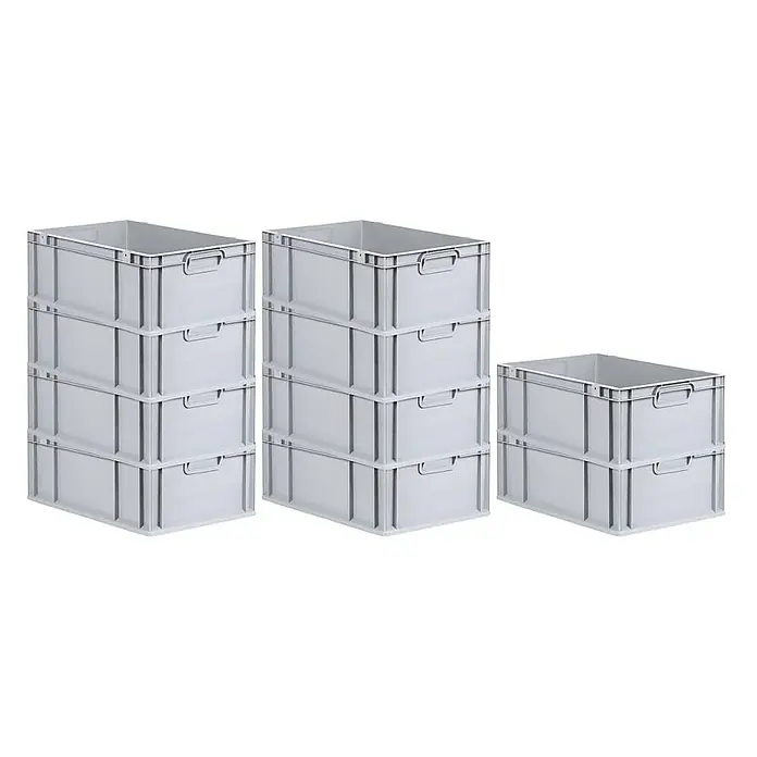 Proregal Euroboxen-Set 10x Eurobox NextGen Economy - L x B x H: 60 x 40 x 22 cm, Kunststoff, Grau, 10 Stk. - Graue Kunststoffbehälter, gestapelt in verschiedenen Höhen, ideal für Lagerung und Organisation.