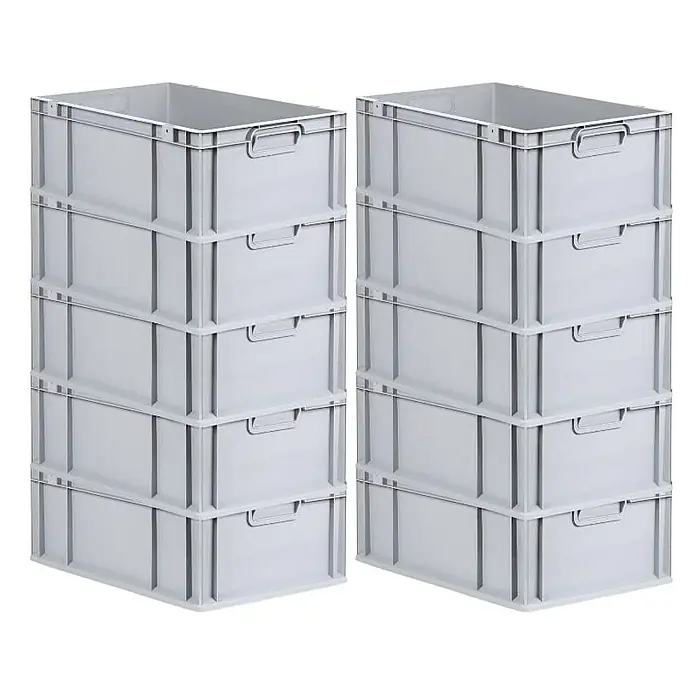 Proregal Euroboxen-Set 10x Eurobox NextGen Economy - L x B x H: 60 x 40 x 22 cm, Kunststoff, Grau, 10 Stk. - Zwei Stapel grauer Kunststoffboxen, die zur Organisation und Lagerung dienen und robust und langlebig sind.