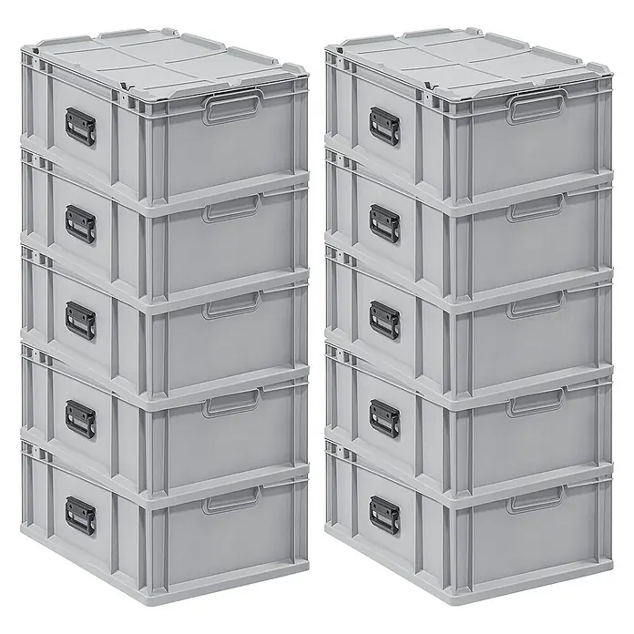 Proregal Euroboxen-Set 10x Eurobox NextGen Portable - L x B x H: 60 x 40 x 23,5 cm, Kunststoff, Grau, 10 Stk. - Bild von zwei Stapeln grauer Kunststoffbehälter mit Deckel und Griffen, ideal für Lagerung und Organisation.