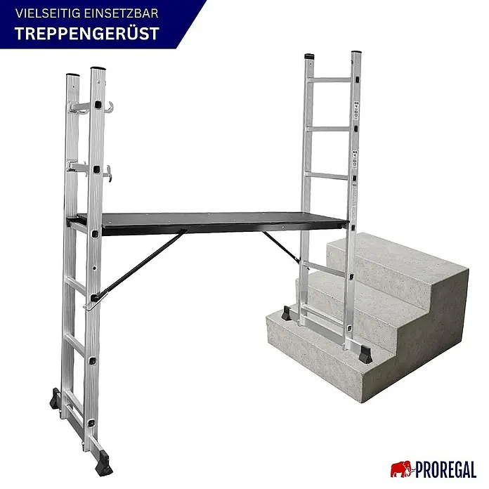 Proregal Leitergerüst Arbeitsgerüst MULTISTEP - Belastbarkeit Plattform: 150 kg - Vielseitig einsetzbares Treppengerüst für sicheres Arbeiten auf Treppen. Robuste Konstruktion für Stabilität und Flexibilität bei Projekten.