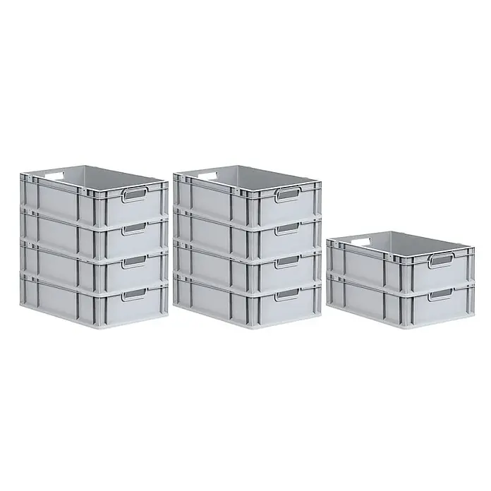 Proregal Euroboxen-Set 10x Eurobox NextGen Grip - L x B x H: 60 x 40 x 17 cm, Kunststoff, Grau, 10 Stk. - Gestapelte graue Kunststoffbehälter, ideal für Lagerung und Transport. Die robusten Boxen sind in verschiedenen Stapelhöhen angeordnet.