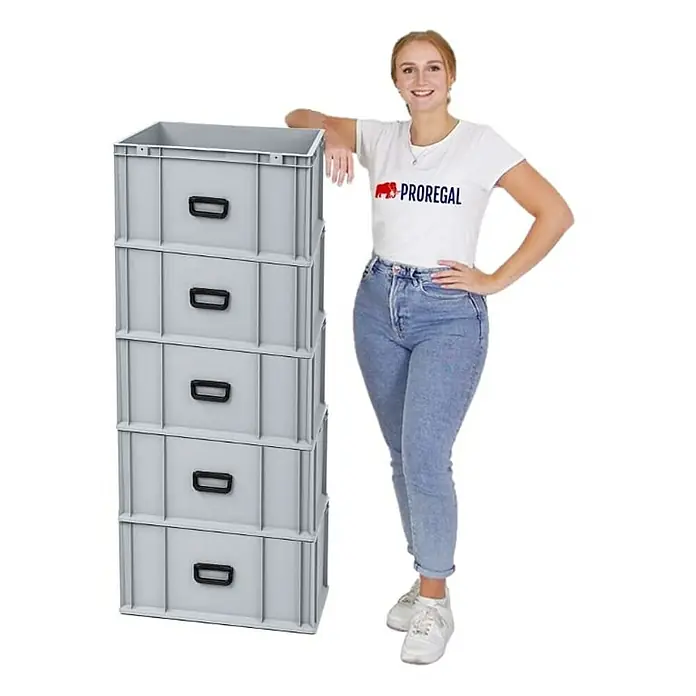 Proregal Euroboxen-Set 5x Eurobox NextGen Portable Uno - L x B x H: 60 x 40 x 32 cm, Kunststoff, Grau, 5 Stk. - Graue Lagerkisten mit Griffen, gestapelt und bereit für die Lagerung. Ideal für Ordnung und Organisation im Lager oder Büro.