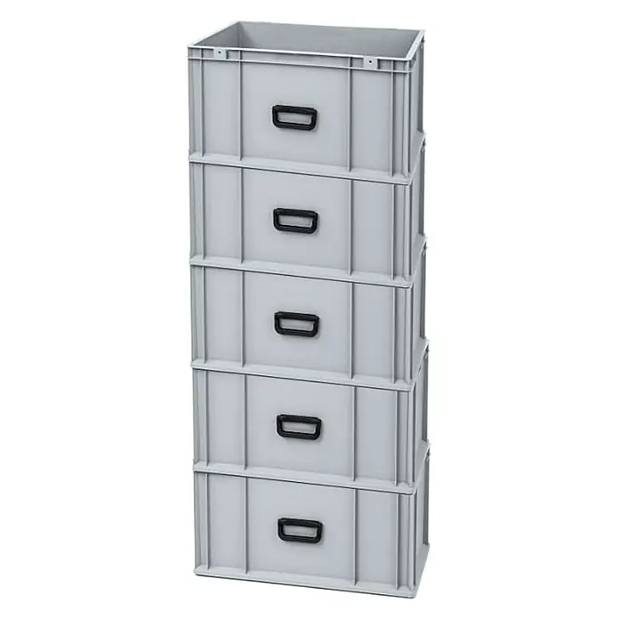 Proregal Euroboxen-Set 5x Eurobox NextGen Portable Uno - L x B x H: 60 x 40 x 32 cm, Kunststoff, Grau, 5 Stk. - Ein Stapel aus fünf grauen Lagerboxen aus Kunststoff, jede mit einem schwarzen Griff für einfache Handhabung und Lagerung.