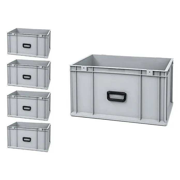 Proregal Euroboxen-Set 5x Eurobox NextGen Portable Uno - L x B x H: 60 x 40 x 32 cm, Kunststoff, Grau, 5 Stk. - Abbildung von vier grauen Lagerkisten aus Kunststoff mit Griffen. Sie sind robust, stapelbar und ideal für die Organisation.