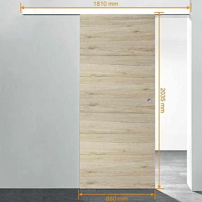 Inova Schiebetür-Komplettset Holz Komplettset Eiche San Remo mit Griffmuschel - 880 x 2.035 mm - Schiebetür aus Holz mit den Maßen 1810 mm Breite, 2035 mm Höhe und 880 mm Tiefe. Ideal für moderne Innenräume.