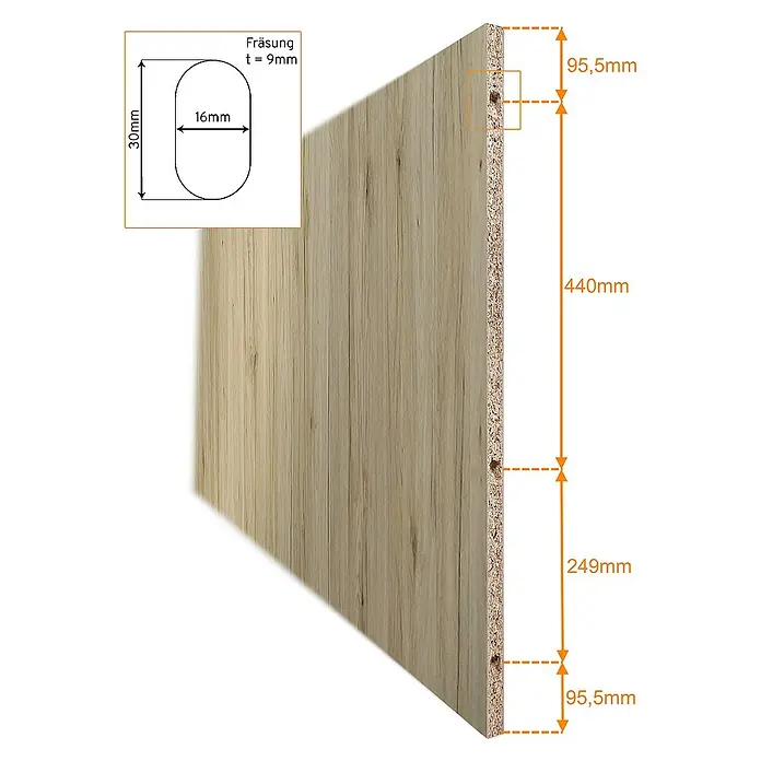Inova Schiebetür-Komplettset Holz Komplettset Eiche San Remo mit Griffmuschel - 880 x 2.035 mm - Produktdarstellung einer Holzplatte mit Aussparungen und Maßangaben. Die Platte ist hellbraun und hat eine Holzmaserung.