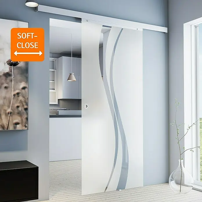 Inova Schiebetür-Komplettset Glasschiebetür ESG G teil satiniert 880 x 2035 mm mit Softclose - 880 x 2.035 mm - Elegante Glasschiebetür mit Soft-Close-Funktion, ideal für moderne Innenräume. Das Design kombiniert Funktionalität mit ästhetischem Reiz.