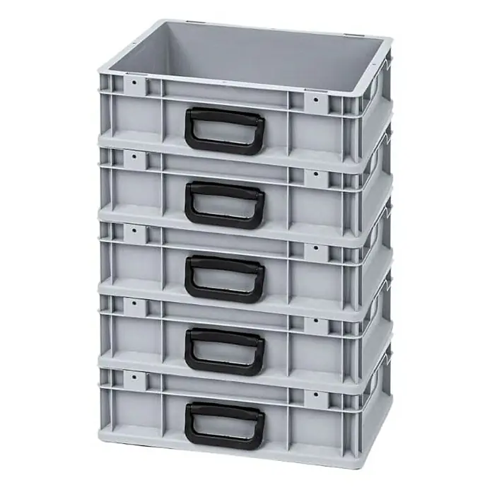 Proregal Euroboxen-Set 5x Eurobox NextGen Portable Uno - Kunststoff, Grau, 5 Stk. - Gestapelte graue Eurobehälter aus Kunststoff mit schwarzen Griffen zur Lagerung und zum Transport von Waren.