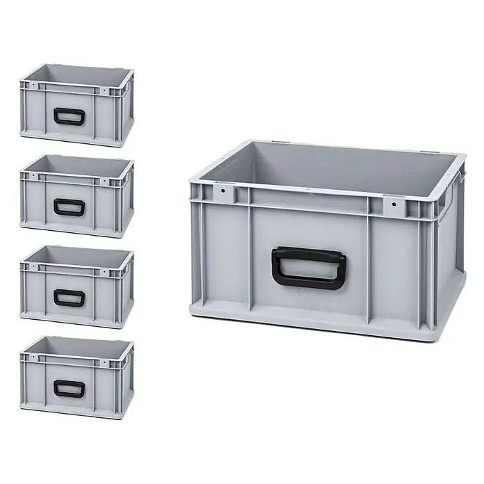 Proregal Euroboxen-Set 5x Eurobox NextGen Portable Uno - L x B x H: 40 x 30 x 22 cm, Kunststoff, Grau, 5 Stk. - Bild von grauen Lagerboxen, ideal zur Aufbewahrung und Organisation. Die Boxen haben praktische Griffe für einfachen Transport.