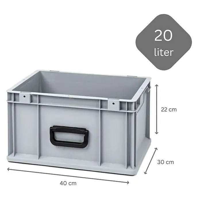 Proregal Euroboxen-Set 5x Eurobox NextGen Portable Uno - L x B x H: 40 x 30 x 22 cm, Kunststoff, Grau, 5 Stk. - Bild einer grauen 20-Liter-Kunststoffbox mit Griffen und Maßangaben (40x30x22 cm).