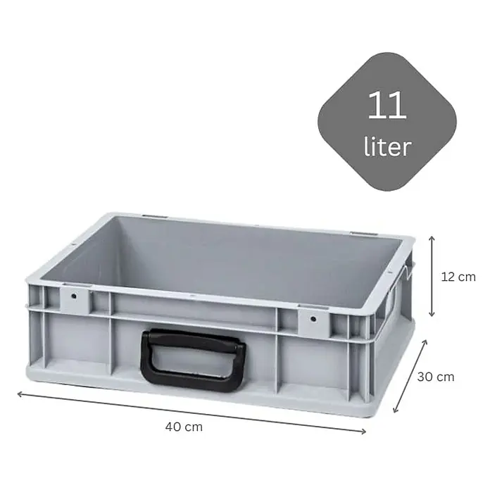 Proregal Euroboxen-Set 5x Eurobox NextGen Portable Uno - Kunststoff, Grau, 5 Stk. - Graue 11-Liter-Kunststoffbox mit Griff und Maßangaben (40 x 30 x 12 cm) für Lagerung und Organisation.