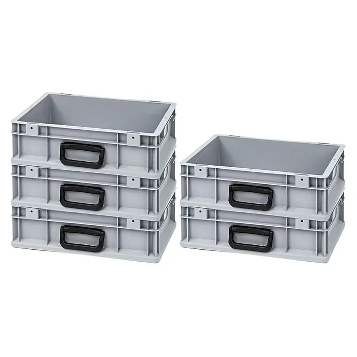 Proregal Euroboxen-Set 5x Eurobox NextGen Portable Uno - Kunststoff, Grau, 5 Stk. - Graue Kunststoffbehälter mit schwarzen Griffen. Die Behälter sind stapelbar und ideal für Lagerung und Transport.