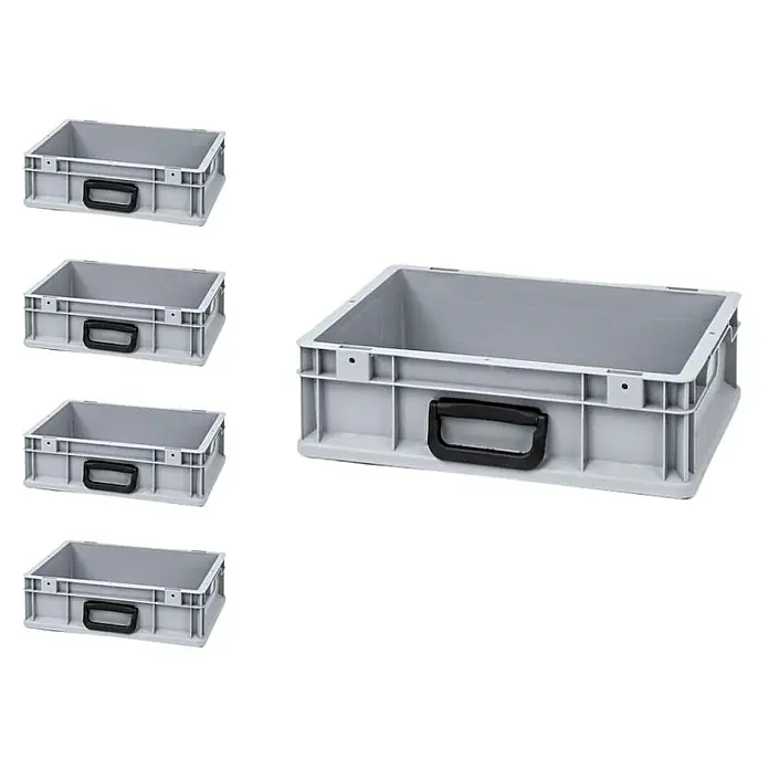 Proregal Euroboxen-Set 5x Eurobox NextGen Portable Uno - Kunststoff, Grau, 5 Stk. - Mehrere graue Lagerboxen aus Kunststoff mit schwarzen Griffen, ideal für die Organisation von Gegenständen und Lagerung.