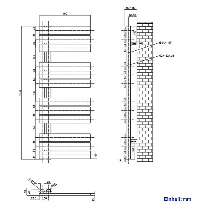 Emke Badheizkörper Flachrohr Handtuchwärmer Heatra - B x H: 40 x 104,1 cm, Anthrazit - Schematische Darstellung eines Heizkörpers mit Abmessungen und Details zur Wandmontage in Millimetern.