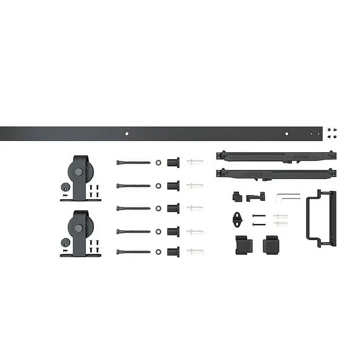 Inova Schiebetür-Komplettset Lofttür Komplettset Stahl Doppelflügelig - 1.800 x 2.150 mm - Nahaufnahme eines Sets für Schiebetüren, bestehend aus Schienen, Rollen und Beschlägen in Schwarz.
