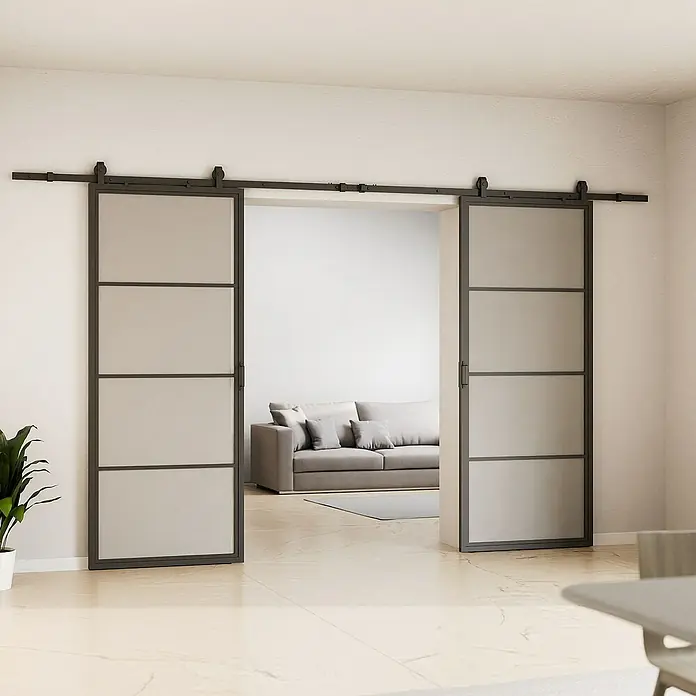 Inova Schiebetür-Komplettset Lofttür Komplettset Stahl Doppelflügelig - 1.800 x 2.150 mm - Schiebetüren im Innenraum. Die Glastüren mit dunklen Rahmen sind ein echter Hingucker und bieten eine moderne Raumaufteilung.