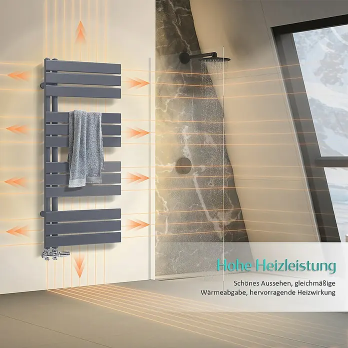 Emke Badheizkörper Flachrohr Handtuchwärmer Heatra - B x H: 60 x 104,1 cm, Anthrazit - Bild eines modernen, grauen Handtuchwärmers im Badezimmer, der Wärme abstrahlt. Ideal für warme Handtücher und angenehme Wärme.