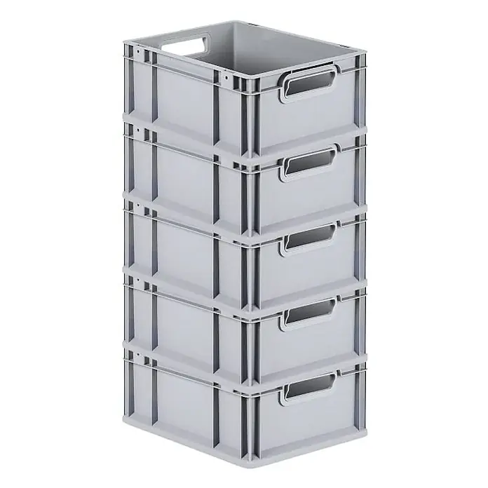 Proregal Euroboxen-Set 5x Eurobox NextGen Economy - Kunststoff, Grau, 5 Stk. - Ein Stapel grauer Kunststoffbehälter mit praktischen Tragegriffen, ideal für Lagerung und Transport. Die Boxen sind robust und platzsparend.