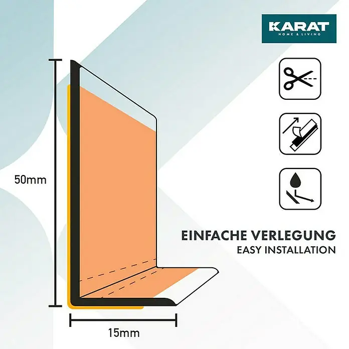 Floordirekt Sockelleiste Oslo Buche-Hell 50 x 15 mm - 15 m - PVC - Produktbild zeigt ein L-förmiges Profil mit den Maßen 50mm Höhe und 15mm Breite. Symbole für einfache Installation sind abgebildet.