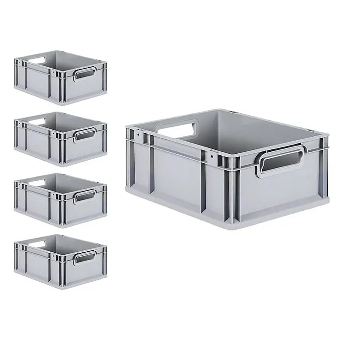 Proregal Euroboxen-Set 5x Eurobox NextGen Economy - Kunststoff, Grau, 5 Stk. - Ein Set aus fünf grauen Kunststoff-Lagerboxen mit Griffen für Lagerung und Organisation.