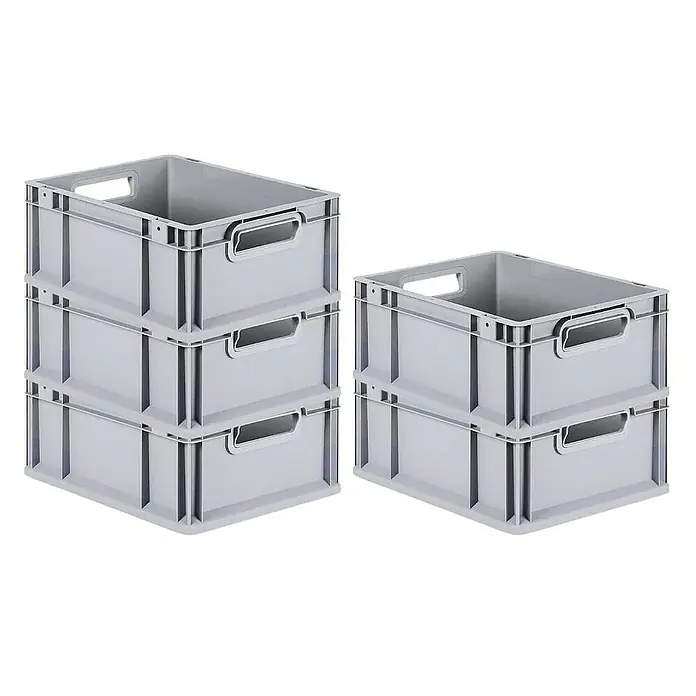 Proregal Euroboxen-Set 5x Eurobox NextGen Economy - Kunststoff, Grau, 5 Stk. - Stapelbare graue Lagerkästen aus Kunststoff mit praktischen Griffen, ideal für die Organisation und Aufbewahrung verschiedener Gegenstände.