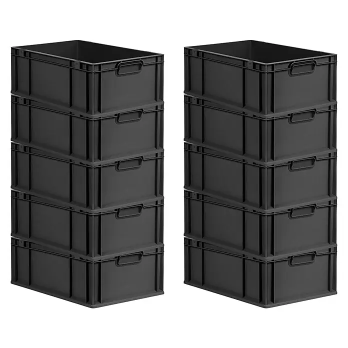 Proregal Euroboxen-Set 10x Eurobox NextGen Grip - L x B x H: 60 x 40 x 22 cm, Kunststoff, Schwarz, 10 Stk. - Zwei Stapel schwarzer Kunststoffboxen mit Griffen. Praktische Aufbewahrungslösung für Ordnung und Organisation im Lager oder Büro.